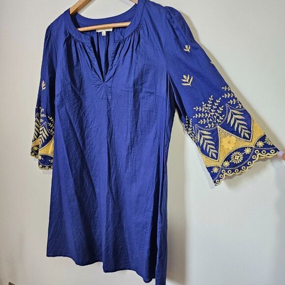 LIKE NEW UMGEE ELECTRIC BLUE SPLIT V NECK EMBROIDERED SLEEVES SHORT DRESS L - Picture 1 of 13